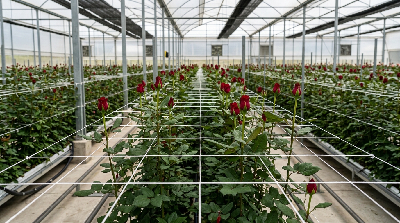 Hilo terlenca floricultura tutorado de rosas en invernadero
